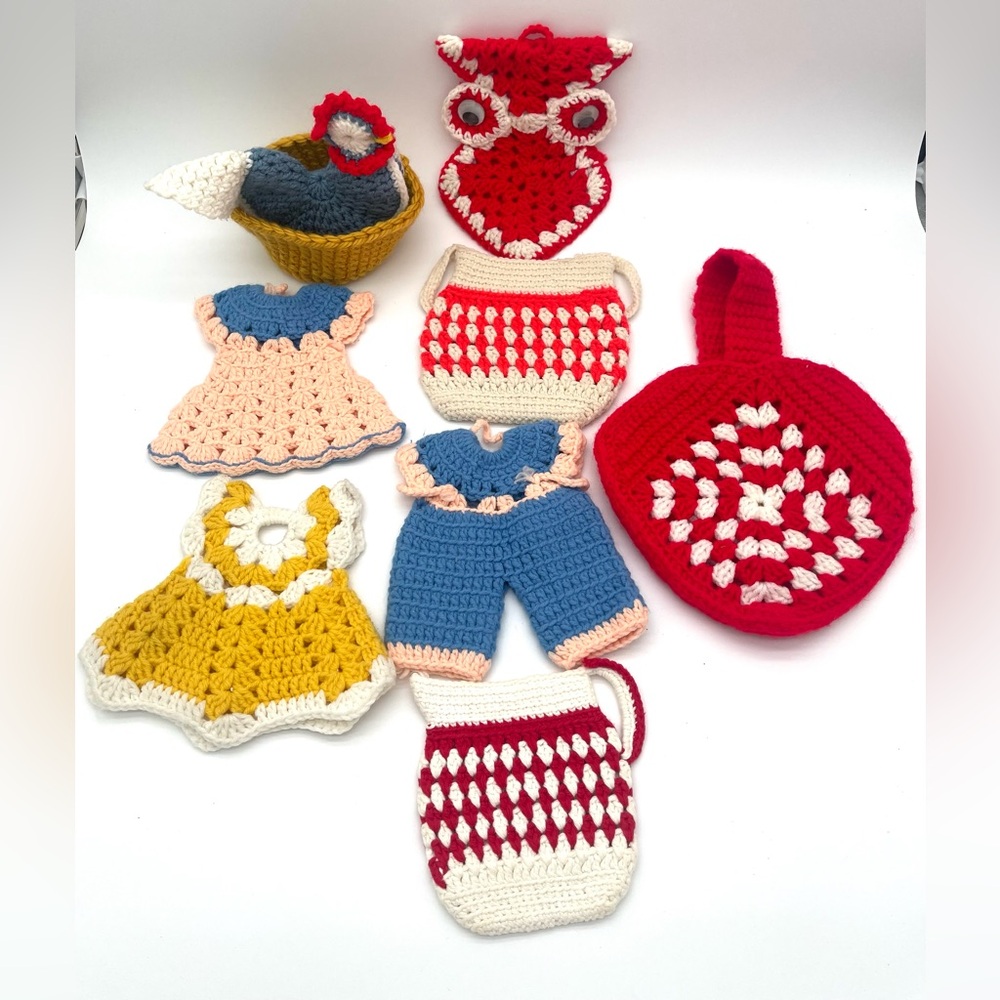 Crochet Lot  Potholder Wall Hanging Doll Dress Pink Blue Red Owl Hen Nest